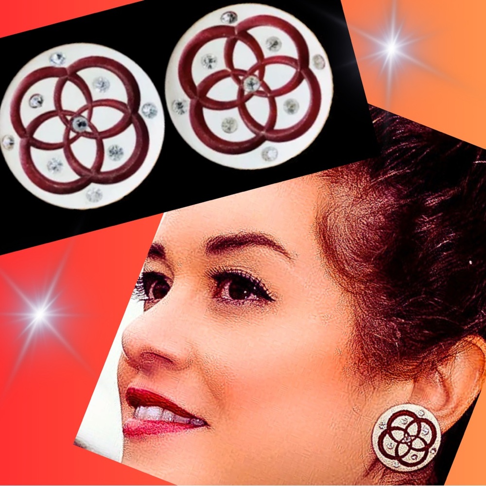 Vintage 1950's RARE White /Red Lucite Swirl &Rhinestone Clip On Pin Up Earrings